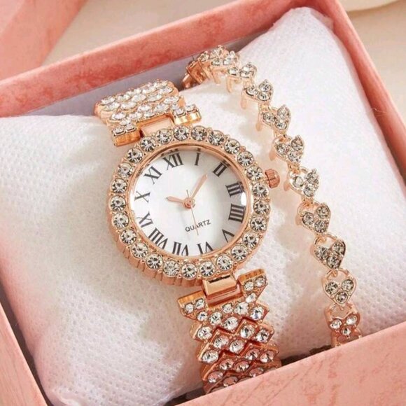 2 pcs Rose Gold Quartz Watch and Bracelet with Rhinestones for Women - Picture 1 of 7